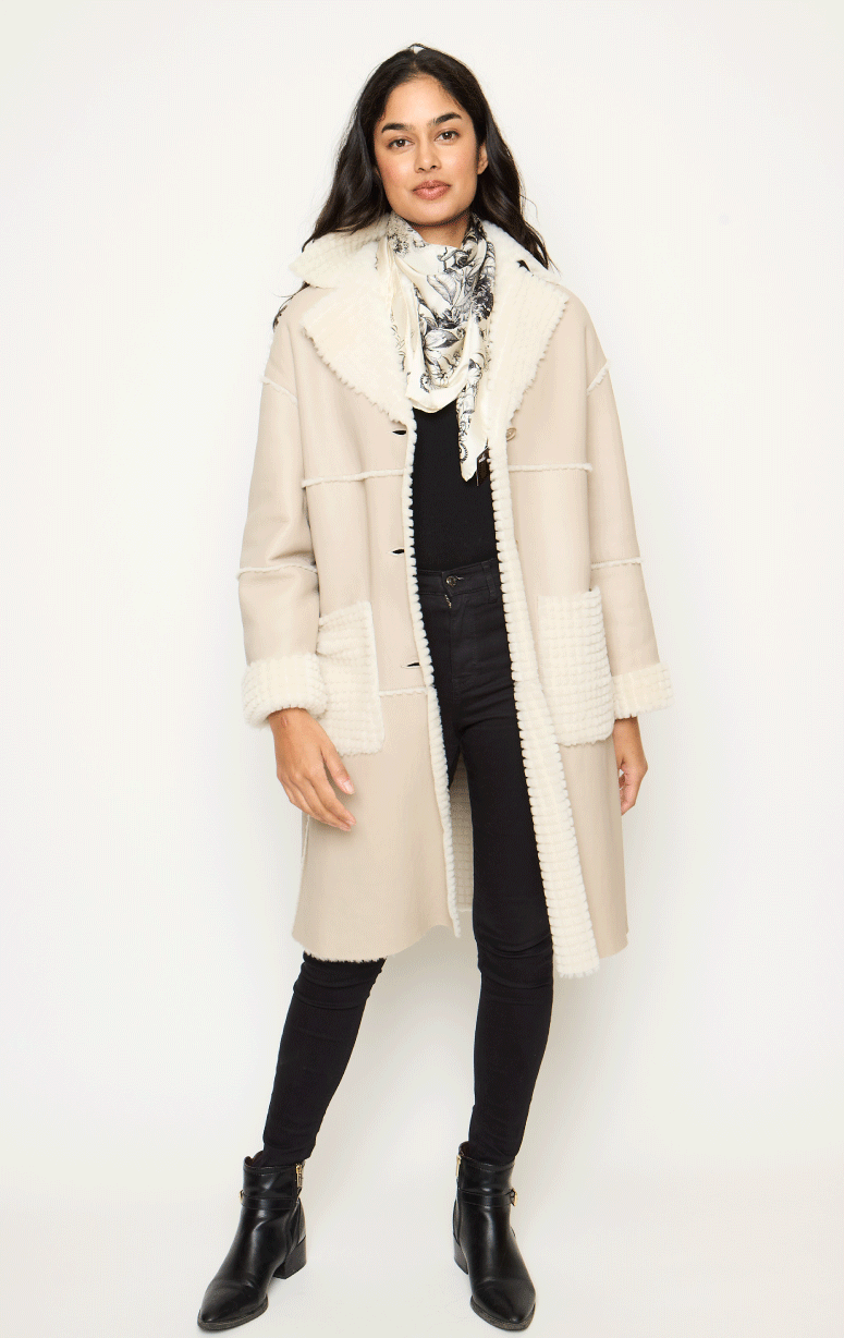 Be Florence- Shearling Coat with Grid Pattern - Barrington's