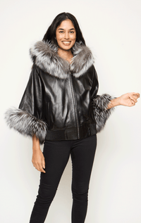 Hooded Leather Poncho with Fox Trim