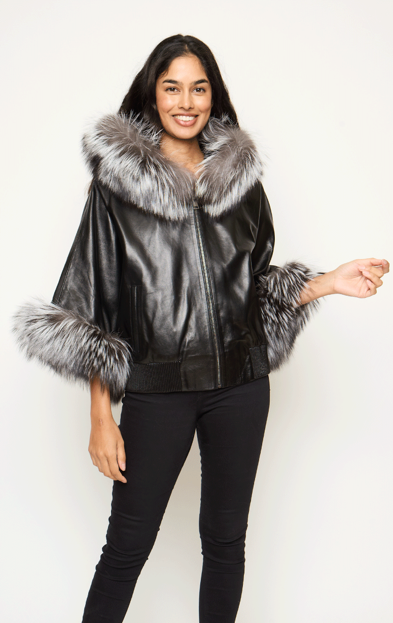 Hooded Leather Poncho with Fox Trim