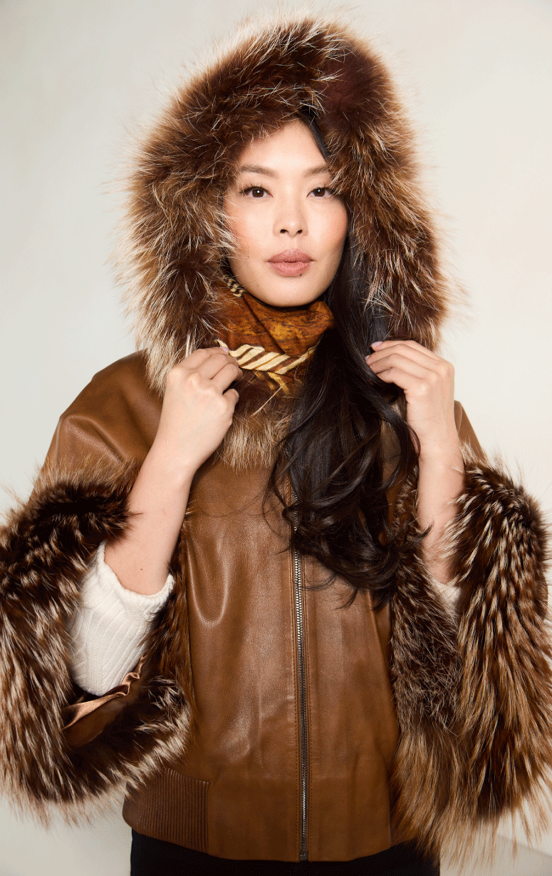 Hooded Leather Poncho with Fox Trim - Barrington's