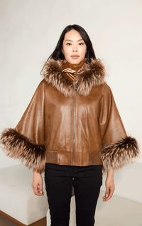 Hooded Leather Poncho with Fox Trim - Barrington's