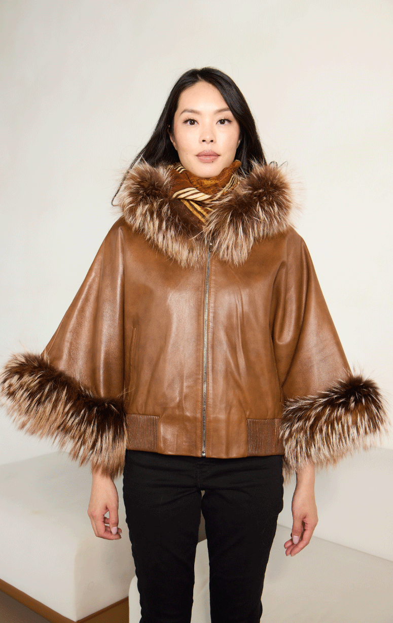 Hooded Leather Poncho with Fox Trim - Barrington's