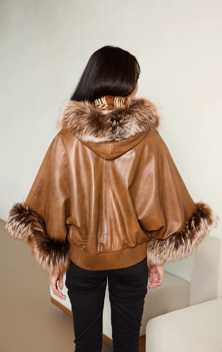 Hooded Leather Poncho with Fox Trim - Barrington's