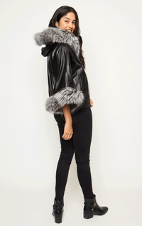 Hooded Leather Poncho with Fox Trim