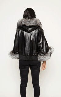 Hooded Leather Poncho with Fox Trim