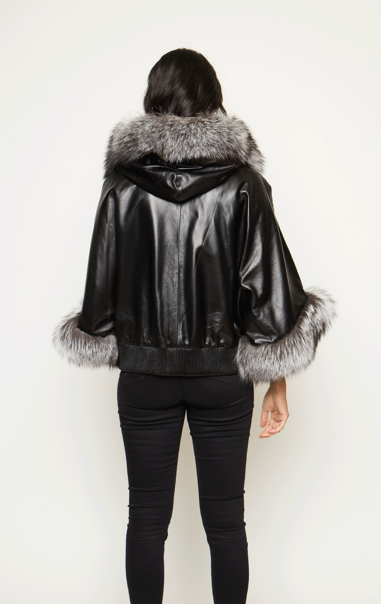 Hooded Leather Poncho with Fox Trim
