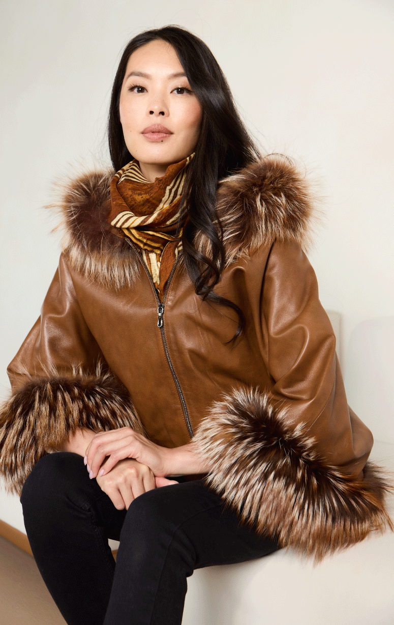 Hooded Leather Poncho with Fox Trim - Barrington's