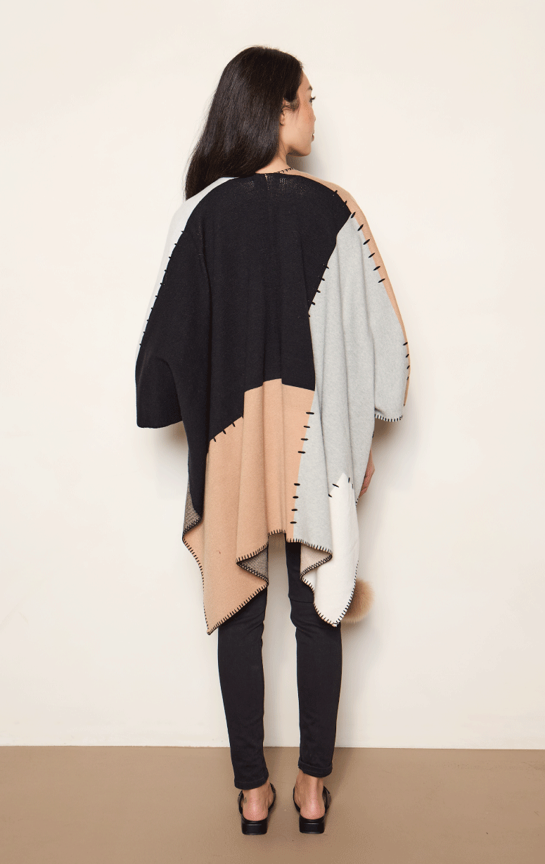 Colourblock Poncho with Blanket Stitch and Pom Poms - Barrington's