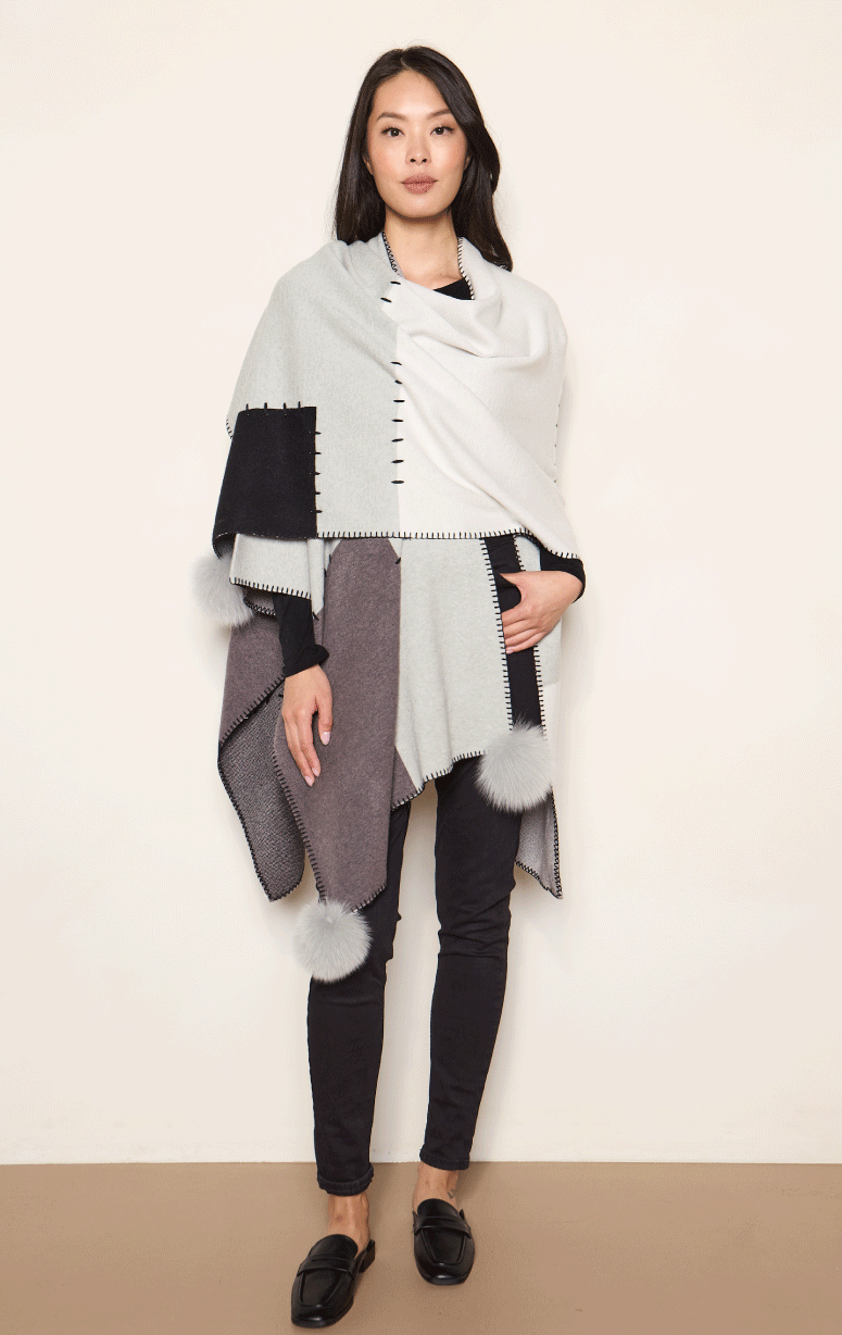 Colourblock Poncho with Blanket Stitch and Pom Poms - Barrington's