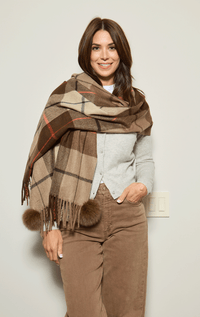 Plaid Wrap with Fox Pom Poms