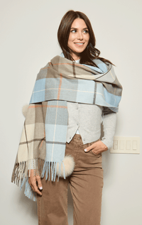 Plaid Wrap with Fox Pom Poms