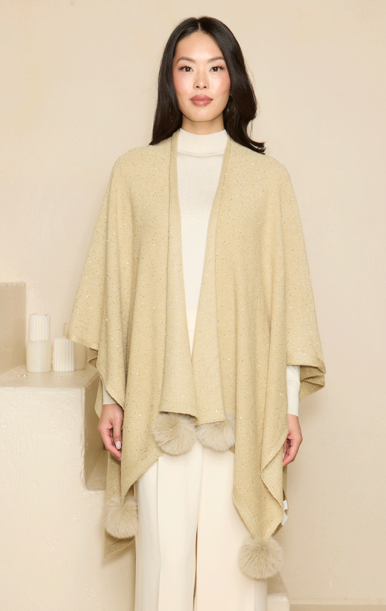 Sequin Wrap with Fox Pom Poms