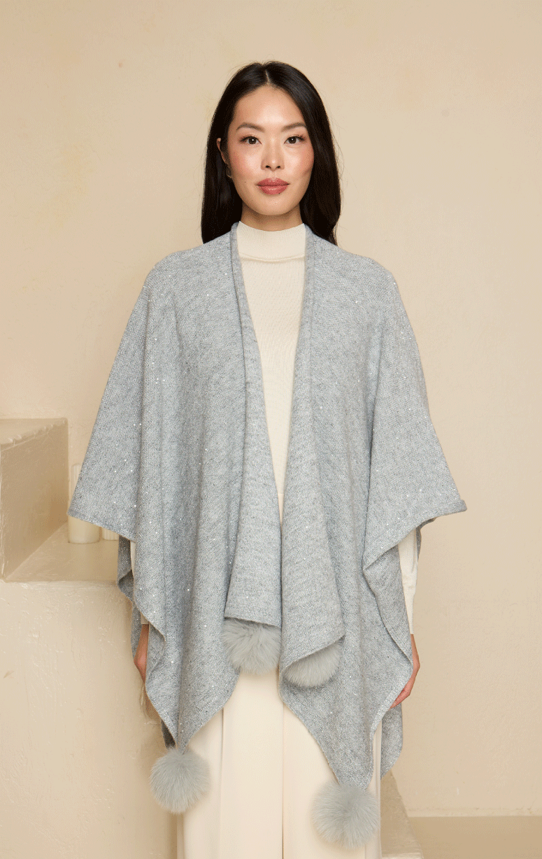 Sequin Wrap with Fox Pom Poms