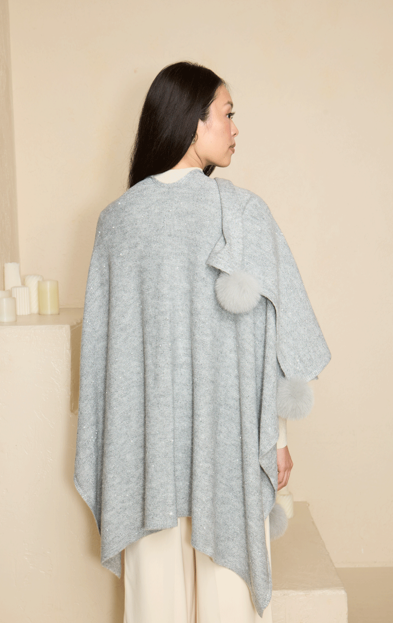 Sequin Wrap with Fox Pom Poms