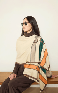 Belt Print Wrap with Fox Pom Poms