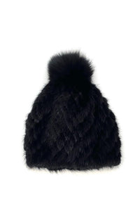 Knit Mink Hat with Fox Pom-Pom