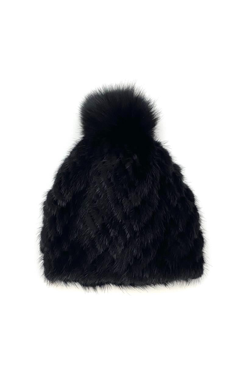 Knit Mink Hat with Fox Pom-Pom