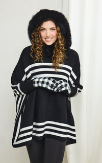 Knit Striped Poncho with Fox Fur Hood