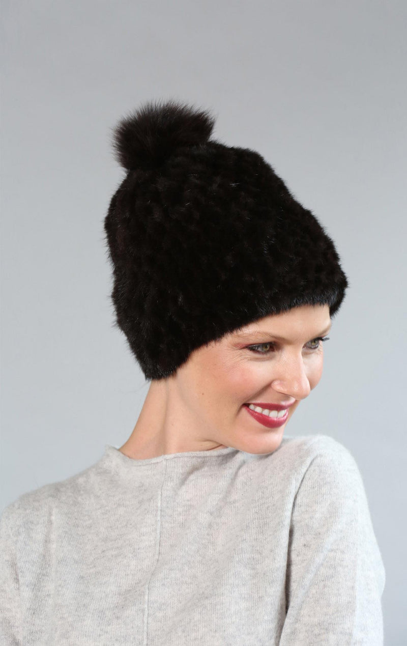 Knit Mink Hat with Fox Pom-Pom