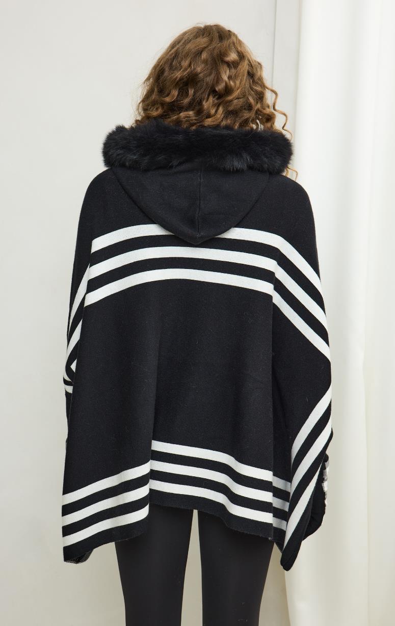 Knit Striped Poncho with Fox Fur Hood