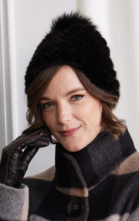 Knit Mink Hat with Fox Pom-Pom