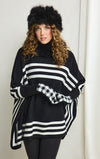 Knit Striped Poncho with Fox Fur Hood