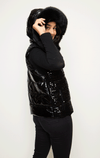 Puffer Vest with Sequins and Fur Hood