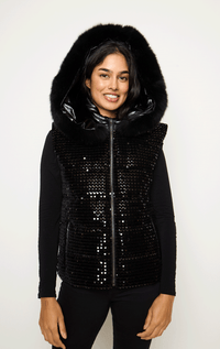 Puffer Vest with Sequins and Fur Hood
