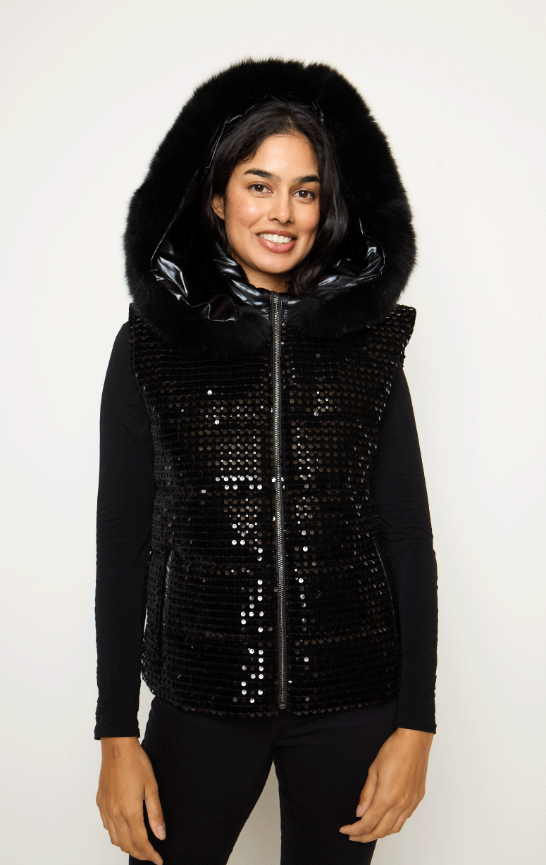 Puffer Vest with Sequins and Fur Hood
