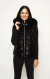 Puffer Vest with Sequins and Fur Hood
