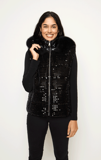 Puffer Vest with Sequins and Fur Hood